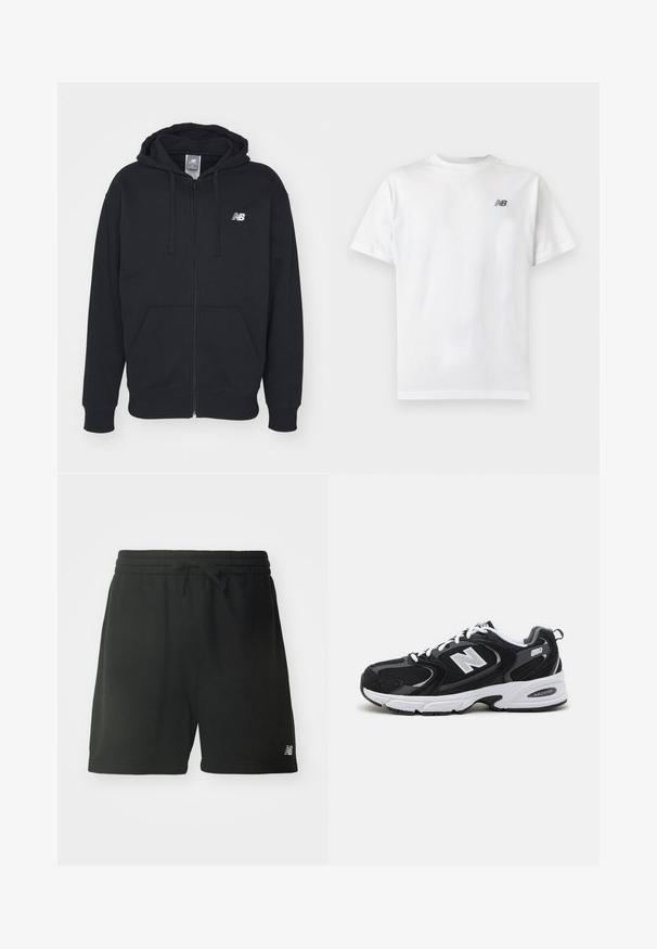 Čierna zipsová mikina s prednými vreckami, kapucňou na šnúrku a bielym logom New Balance na hrudi.; Biele tričko s krátkym rukávom a okrúhlym výstrihom s malým čiernym logom New Balance v hornej ľavej časti hrudníka na jednofarebnom svetlom pozadí.; Čierne bavlnené atletické šortky s elastickým pásom, nastaviteľnou šnúrkou a logom na dolnej ľavej nohe. Hladká textúra.; Čierne a šedé športové topánky s hornou časťou z mikrovlákna a zamatu, s bielou medzipodrážkou, šnúrkami a výrazným logom "N" na boku.
