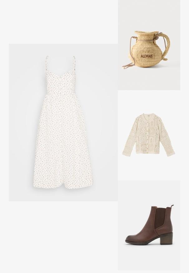 Crèmekleurige gehaakte cardigan met lange mouwen, knoopsluiting aan de voorkant en een ingewikkeld kantpatroon in vierkante vorm.; Madewell ALEXA RUFFLE BODICE BUTTON DOWN MIDI DRESS PRINT - Blousejurk - lighthouse; Bruine leren enkellaars met een gladde afwerking, elastische zijpanelen, een ronde neus en een gematigde houten hak.; Ronde gevlochten strohandtas met een handvat van touw en "ALEMAIS" geborduurd aan de zijkant in bruine draad.