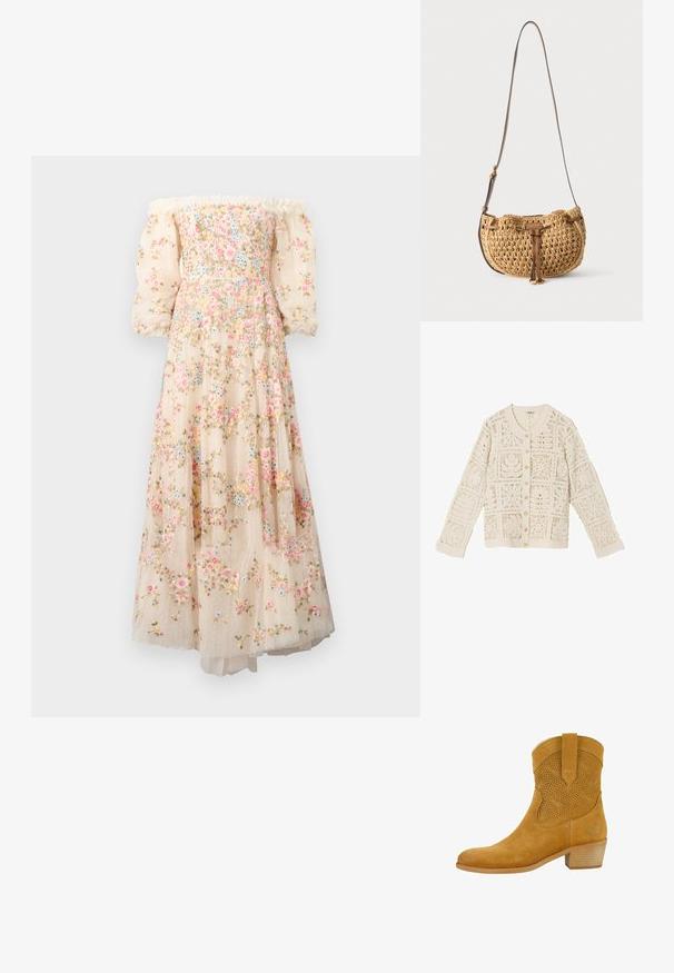 Flødefarvet hækle-strikket cardigan med lange ærmer, knaplukning foran og indviklet firkantet blondermønster.; Off-the-shoulder, cremet farvet kjole med blomsterbroderi, gennemsigtige puffærmer og en lagdelt, svævende nederdel med en prikket tekstur.; Felmini Cowboy- / bikerstøvlette - sand; Lille tanfarvet vævet skuldertaske med justerbar brun læderstrop og læderdetalje foran hængende mod hvid baggrund.