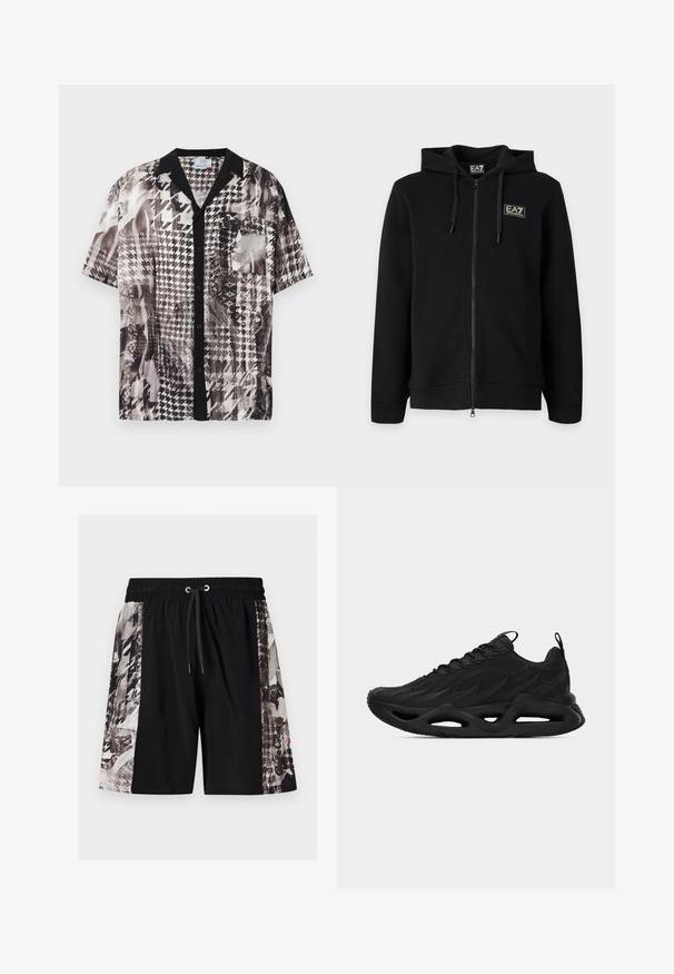 Sweat à capuche noir zippé intégral avec cordons et petit logo rectangulaire EA7 Emporio Armani sur la poitrine gauche.; Chemise à manches courtes avec col noir, patte de boutonnage noire, poche avant et motif pied-de-poule abstrait noir et blanc.; Short noir avec taille élastique et cordon, présentant des panneaux latéraux à motifs abstraits noir et blanc et un petit logo coloré sur le panneau droit.; Baskets athlétiques noires avec tige texturée, design à lacets, languettes de traction sur la languette et le talon, et semelle sculptée avec détails évidés.