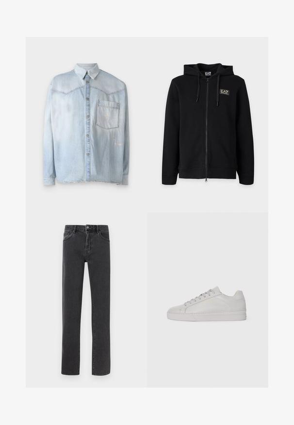 Čierna mikina s kapucňou a celým zipsom, s nastaviteľnými šnúrkami a malým obdĺžnikovým logom EA7 Emporio Armani na ľavej strane hrude.; Svetlomodrá denimová košeľa s gombíkovým zapínaním vpredu, klasickým golierom a jednou náprsní kapsou. Na látke sú viditeľné poškodené akcenty.; Čierne rifle s rovnými nohavicami, predným zapínaním na gombík a zips, pútkami na opasok a prednými a zadnými vreckami, uložené na rovnej ploche na svetlom pozadí.; Svetlo šedé kožené tenisky s hladkým povrchom, zaoblenou špičkou, plochou gumovou podrážkou a tonálnymi šnúrkami. Obsahujú minimálne brandovanie v zlate.