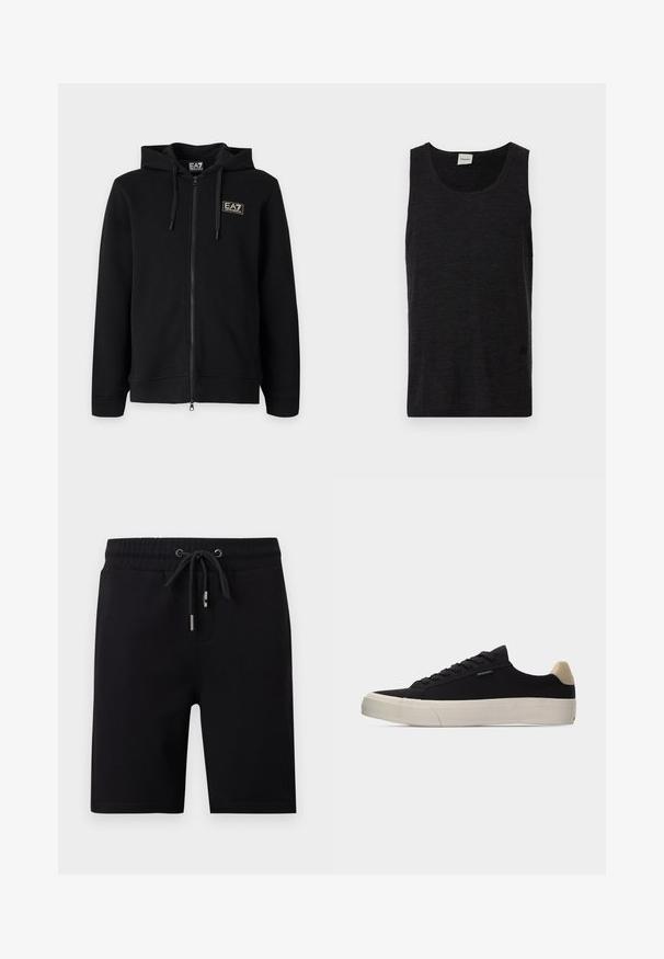 Sweat à capuche noir zippé intégral avec cordons et petit logo rectangulaire EA7 Emporio Armani sur la poitrine gauche.; Débardeur noir sans manches en matériau texturé. Doté d'un col rond et d'un accent logo discret près de l'ourlet. Design simple.; Shorts noirs mi-genoux avec taille élastique et cordon de serrage noir à embouts métalliques, poches avant et texture de tissu lisse.; Baskets basses noires avec languette beige au talon, semelle en caoutchouc blanche épaisse, lacets noirs et petite étiquette "PS Paul Smith" sur le côté.