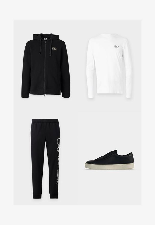 Schwarzer Kapuzenpullover mit durchgehendem Reißverschluss und Kordeln sowie einem kleinen rechteckigen EA7 Emporio Armani Logo auf der linken Brust.; Weißes Langarm-T-Shirt aus Baumwolle mit kleinem schwarzem EA7-Logo auf der linken Brust. Einfaches Design mit Rundhalsausschnitt.; Schwarze Sweatpants aus Baumwollmischung mit elastischem Taillenbund, schmal zulaufenden Beinen, gerippten Bündchen und weißem Logo-Druck entlang der Seite.; Schwarzer niedriger Sneaker mit Schnürdesign und dicker off-white Gummisohle, von der Seite auf schlichtem Hintergrund gezeigt.