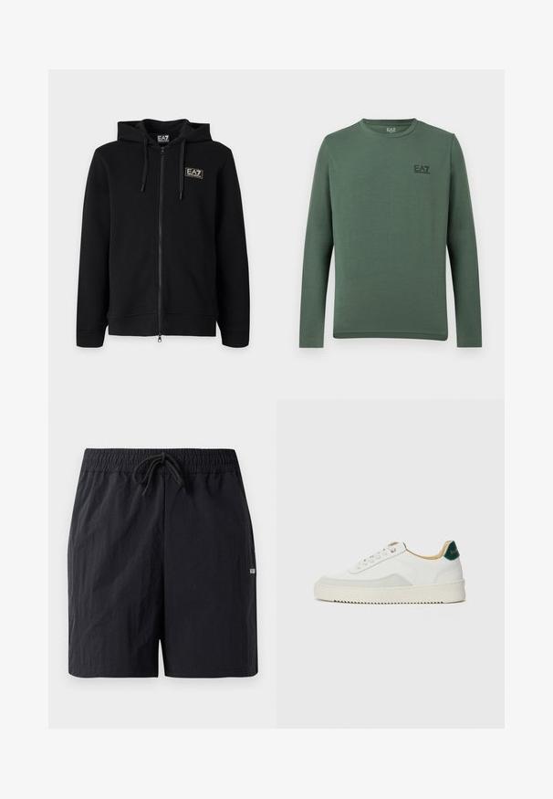 Sudadera negra con capucha y cremallera completa, con cordones y un pequeño logo rectangular EA7 Emporio Armani en el pecho izquierdo.; Camiseta de manga larga de color verde oliva con cuello redondo y un pequeño logotipo negro de EA7 Emporio Armani en el lado izquierdo del pecho.; Bañador negro hecho de una tela texturizada, con una cinturilla elástica y cordón, y un pequeño logo en el lateral.; Zapatilla blanca con acentos de ante, puntera redondeada, cordones planos y suela de goma color crema. Presenta un logo verde en el talón.