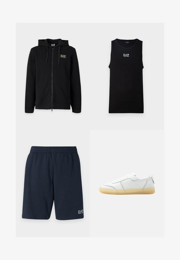 Čierna mikina s kapucňou a celým zipsom, s nastaviteľnými šnúrkami a malým obdĺžnikovým logom EA7 Emporio Armani na ľavej strane hrude.; Čierny bezrukávový top s okrúhlym výstrihom. Na hrudi je umiestnené biele logo EA7 Emporio Armani. Vyrobené z hladkej tkaniny.; Námornícke modré šortky s elastickým pásom vyrobené z mäkkého materiálu, s bočnými vreckami a malým bielym logom EA7 na dolnej ľavej nohe.; Biela nízka kožená teniska s béžovou priehľadnou podrážkou, šnurovaním vpredu a minimálnymi švami, zobrazená z boku na jednoduchom pozadí.