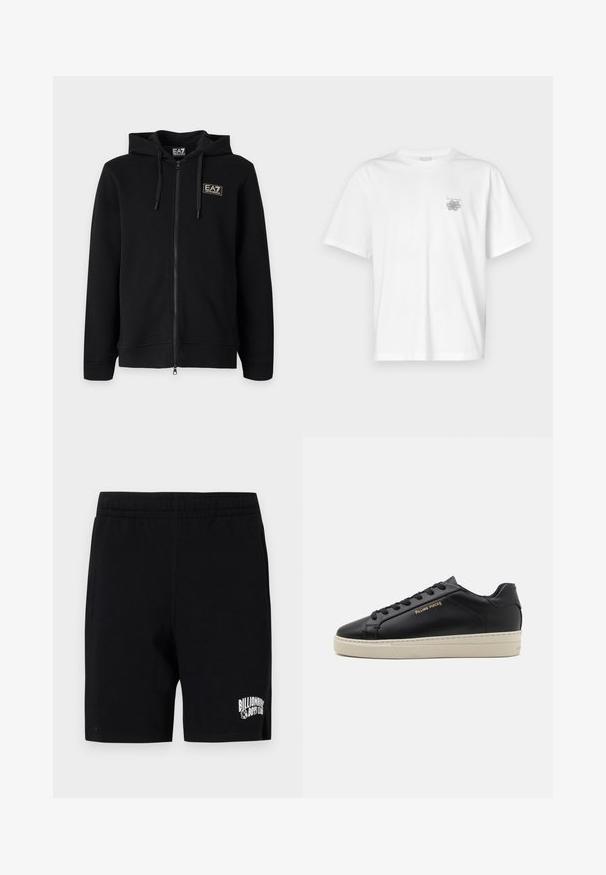 Čierna mikina s kapucňou a celým zipsom, s nastaviteľnými šnúrkami a malým obdĺžnikovým logom EA7 Emporio Armani na ľavej strane hrude.; Biela tričko vyrobené z bavlny, s krátkymi rukávmi, okrúhlym výstrihom a malým šedým logom na oblasti ľavej hrude. Hladká textúra.; Čierne šortky vyrobené z jemnej bavlnenej zmesi s elastickým pásom, s bielym logom na ľavom stehne a bočnými vreckami.; Čierne kožené tenisky s hladkým povrchom, kontrastnou krémovou podrážkou, zaoblenou špičkou, zlatým logom na boku a šiestimi dierkami na šnúrky.