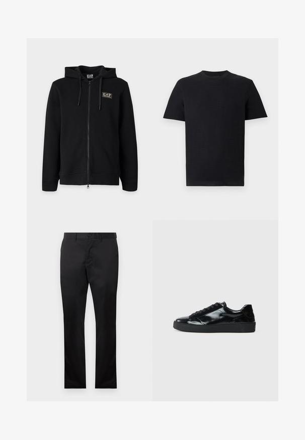 Zwarte hoodie met volledige ritssluiting en trekkoorden, met een klein rechthoekig EA7 Emporio Armani-logo op de linkerborst.; Zwart T-shirt met korte mouwen en ronde hals, plat weergegeven op een lichtgrijze achtergrond.; Zwarte katoenen broeken met een rechte pijp, uitgerust met een sluiting met een voorste knoop en zijzakken, gladde textuur, zonder zichtbare patronen.; Zwarte gepatenteerde leren sneakers met een ronde neus, vetersluiting, een gestructureerde rubberen zool en een glanzende afwerking.