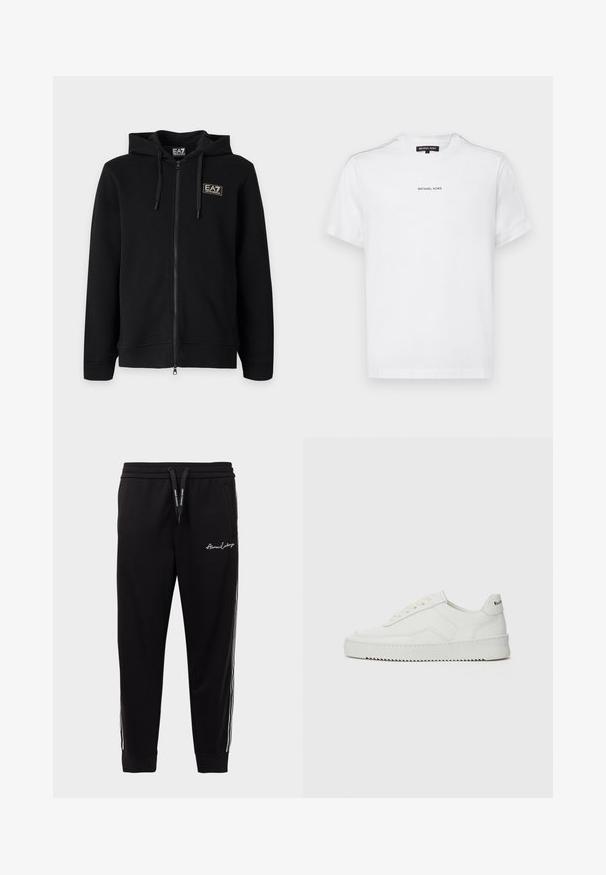 Must kapuutsiga lukuga dressipluus paeltega ja vasakul rinnal väikese ristkülikukujulise EA7 Emporio Armani logoga.; Valge puuvillane t-särk lühikeste varrukatega, millel on ümmargune kaelus ja rinnal musta värvi väikene "MICHAEL KORS" logo.; Mustad puuvillasegusest kangast mustad treeningpüksid, millel on soonikkoes vöökoht, valged küljeribad ja logo broderi vasakul reitel.; Valge nahast tennis, millel on sile põhi, ümar varvas, lamedad nöörid ja tekstuuriline tall. Sisaldab diskreetset logo kontsaribal.