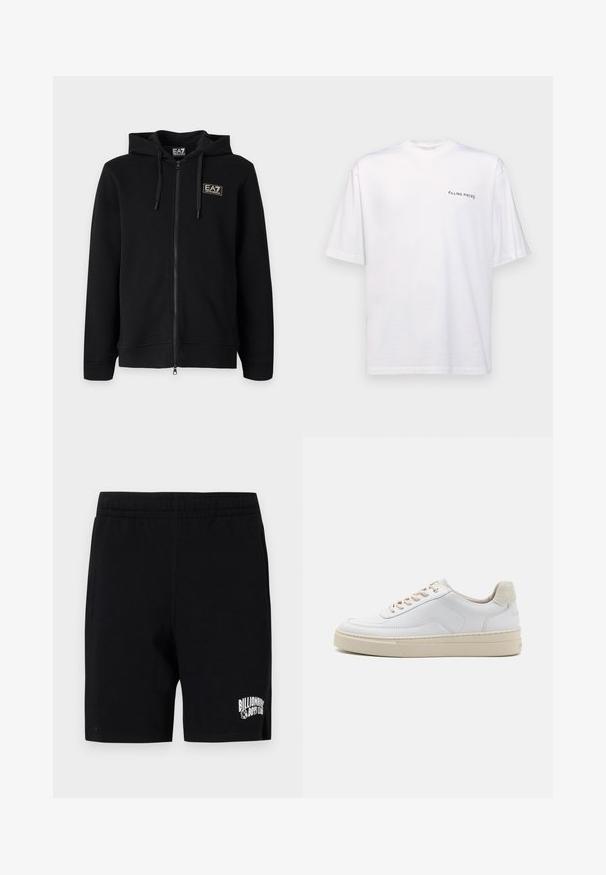Schwarzer Kapuzenpullover mit durchgehendem Reißverschluss und Kordeln sowie einem kleinen rechteckigen EA7 Emporio Armani Logo auf der linken Brust.; Weißes kurzärmliges T-Shirt aus Baumwolle mit V-Ausschnitt, mit einem schwarzen "FILLING PIECES" Logo, das auf der linken Seite gedruckt ist.; Schwarze Shorts aus weichem Baumwollmix mit einem elastischen Bund, versehen mit einem weißen Logo auf dem linken Bein und Seitentaschen.; Weiße Sneaker mit einem glatten Lederobermaterial, beigen Schnürsenkeln und einer strukturierten, beigen Wildleder-Fersenschlaufe. Erhöhte Sohle für zusätzlichen Komfort.