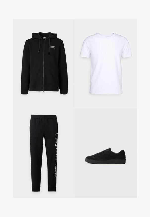 Čierna mikina s kapucňou a celým zipsom, s nastaviteľnými šnúrkami a malým obdĺžnikovým logom EA7 Emporio Armani na ľavej strane hrude.; Biela kratkosrstá bavlnená tričko s okrúhlym výstrihom. Jednoduchý dizajn bez vzorov alebo akcentov. Hladká textúra.; Čierne tepláky vyrobené z bavlnenej zmesi, s elastickým pásom, zúženými nohavicami, ribovanými manžetami a bielym logom na boku.; Čierne semišové tenisky s plochou, textúrovanou podrážkou, zaoblenou špičkou, šiestimi očkami na šnúrky a minimalistickým dizajnom.