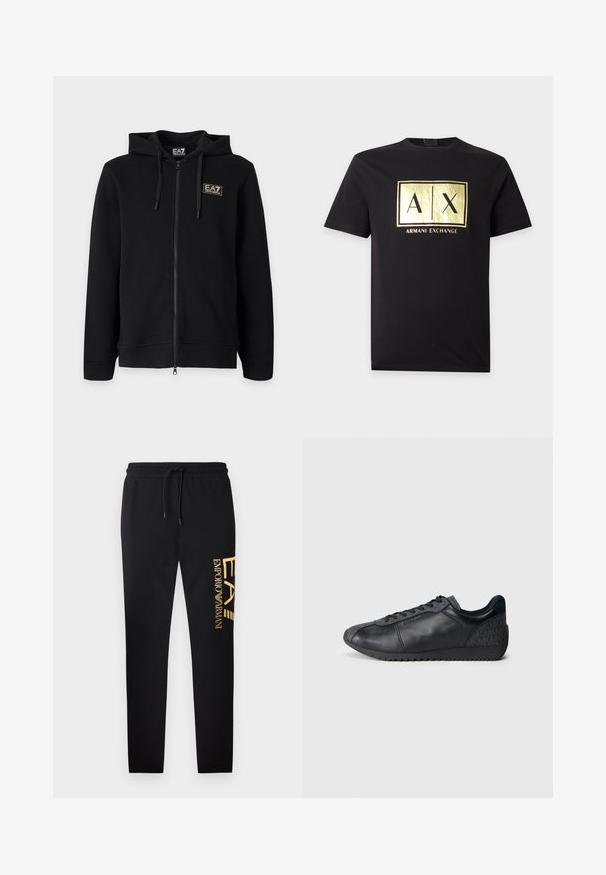 Zwarte hoodie met volledige ritssluiting en trekkoorden, met een klein rechthoekig EA7 Emporio Armani-logo op de linkerborst.; Zwart T-shirt met korte mouwen met een glanzend goud vierkant logo met daarop "A|X" en "Armani Exchange" tekst onder het logo.; Zwarte sweatpants met een comfortabele pasvorm, voorzien van een gouden logoprint "EA" en "EMPORIO ARMANI" aan de linkerkant, met een elastische tailleband.; Zwarte leren sneakers met een textuurstofpaneel, ronde neusvorm, vetersluiting aan de voorkant en een rubberen zool met een zigzagpatroon.