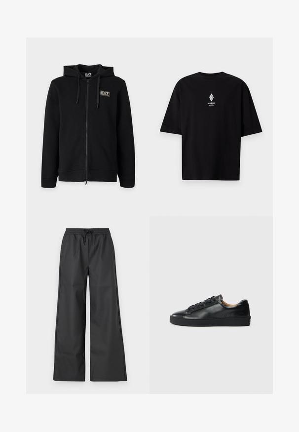 Sudadera negra con capucha y cremallera completa, con cordones y un pequeño logo rectangular EA7 Emporio Armani en el pecho izquierdo.; Camiseta negra de manga corta con un pequeño logotipo geométrico blanco y texto centrados en el pecho sobre un fondo claro y liso.; Han Kjøbenhavn RELAXED TRACK TROUSERS - Pantalones - black; Zapatilla negra de cuero con una textura suave, puntera redonda y cierre de cordones. Presenta una suela de goma gruesa y un detalle de marca mínimo.