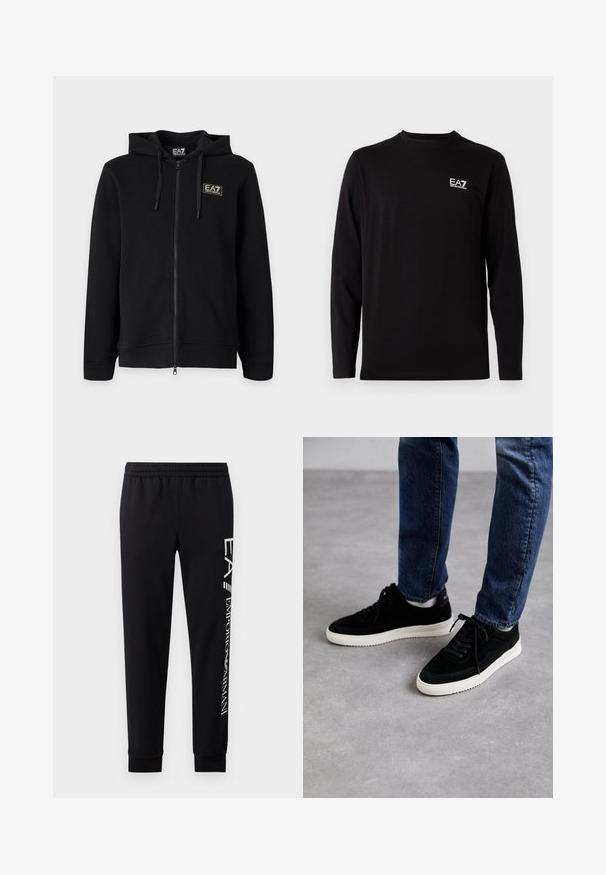 Must kapuutsiga lukuga dressipluus paeltega ja vasakul rinnal väikese ristkülikukujulise EA7 Emporio Armani logoga.; Musta pika varrukaga särk pehmest kangast. Vasakul rinnal on väike valge logo. Lihtne ümar kaelus ja sirge lõige.; Mustadest puuvillasegustest dressipükstest, millel on elastne vöökoht, kitsenevad säärte ning ribatsoonidega mansetid ja valge logo trükk külgmisel osal.; Mustast nahast tennisetossud valge kummiseguga tallaga, klassikalise madala disainiga, ümarate varvastega ja lame mustade paeltega.