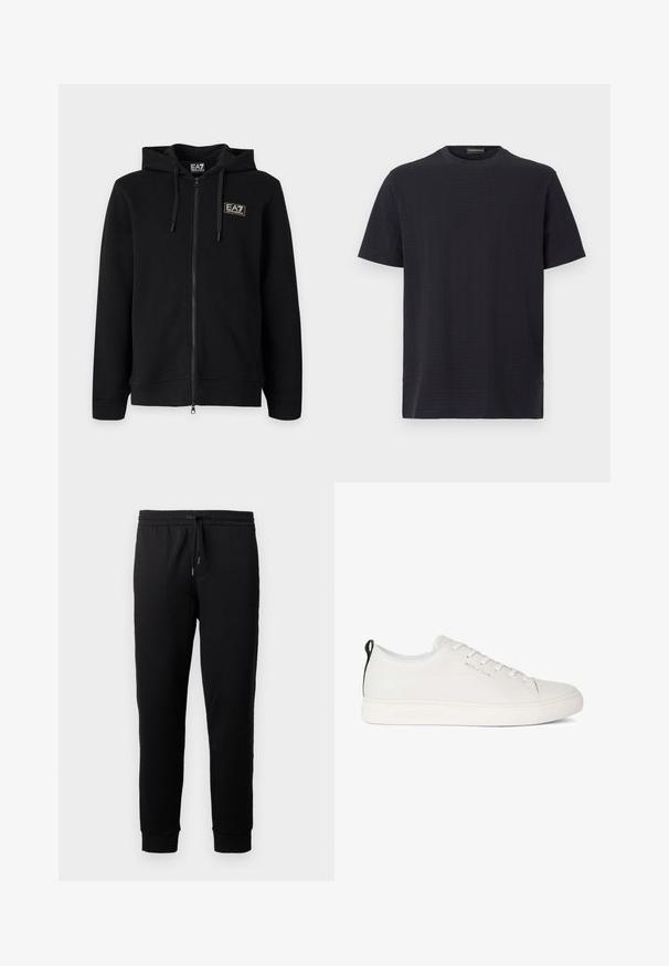 Čierna mikina s kapucňou a celým zipsom, s nastaviteľnými šnúrkami a malým obdĺžnikovým logom EA7 Emporio Armani na ľavej strane hrude.; Čierne tričko s okrúhlym výstrihom a krátkymi rukávmi, vyrobené z textúrovaného materiálu s jemným vzorom, ponúkajúce pohodlný strih a rovný dizajn.; Čierne teplákové nohavice vyrobené z jemnej látky s elastickým pásom a šnúrkou. Majú zúžené nohavice s rebrovanými manžetami.; Biele kožené tenisky s okrúhlou špičkou, plochou gumovou podrážkou a tónovým prešívaním. Obsahuje šnurovací predok a čierny slučkový ťahák na päte.