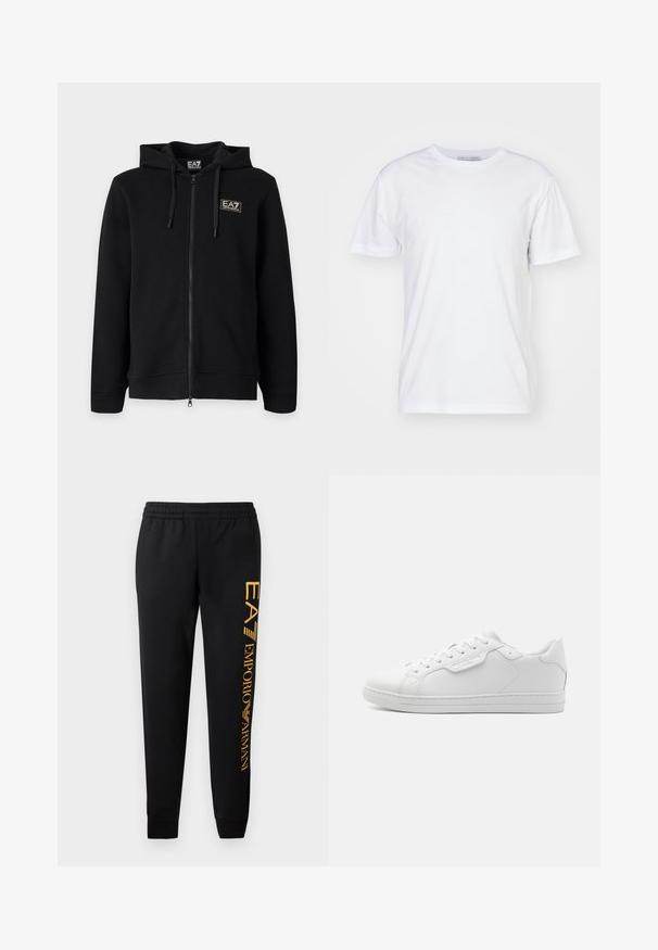 Zwarte hoodie met volledige ritssluiting en trekkoorden, met een klein rechthoekig EA7 Emporio Armani-logo op de linkerborst.; Witte katoenen T-shirt met een ronde hals, korte mouwen en een rechte snit. Geen patronen of versieringen, gladde textuur en eenvoudig ontwerp.; Zwarte sweatpants met elastische tailleband en aangesloten boorden. Heeft een verticale gouden logoprint op het linkerpant. Gemaakt van zachte stof.; Witte leren sneaker met een ronde neus, zes oogjes, platte veters en een minimalistisch ontwerp. Bevat een klein logo aan de zijkant.