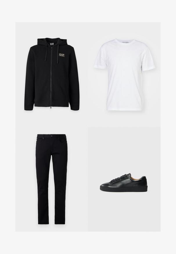 Schwarzer Kapuzenpullover mit durchgehendem Reißverschluss und Kordeln sowie einem kleinen rechteckigen EA7 Emporio Armani Logo auf der linken Brust.; Weißes Baumwoll-T-Shirt mit Rundhalsausschnitt, kurzen Ärmeln und geradem Schnitt. Keine Muster oder Verzierungen, glatte Textur und schlichtes Design.; Emporio Armani POCKETS PANT - Jeans Slim Fit - black denim; Schwarze Leder-Sneaker mit glatter Textur, runder Zehenpartie und Schnürverschluss. Verfügt über eine dicke Gummisohle und minimalistische Marken-Details.