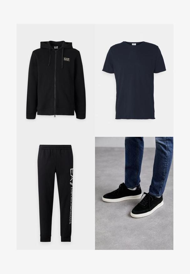 Must kapuutsiga lukuga dressipluus paeltega ja vasakul rinnal väikese ristkülikukujulise EA7 Emporio Armani logoga.; Tumed sinine puuvillane T-särk, millel on ümar kaelus ja lühikesed varrukad, sile tekstuur ja lihtne disain, ilma nähtavate mustrite või aksessuaarideta.; Mustadest puuvillasegustest dressipükstest, millel on elastne vöökoht, kitsenevad säärte ning ribatsoonidega mansetid ja valge logo trükk külgmisel osal.; Mustast nahast tennisetossud valge kummiseguga tallaga, klassikalise madala disainiga, ümarate varvastega ja lame mustade paeltega.