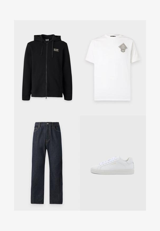 Musta vetoketjullinen hupullinen collegepaita, jossa on kiristysnauhat ja pieni suorakaiteen muotoinen EA7 Emporio Armani -logo vasemmassa rinnassa.; Valkoinen puuvillainen t-paita, jossa vasemmassa rinnassa harmaa timantinmuotoinen logo. Lyhyet hihat, pyöreä pääntie ja normaali istuvuus.; Tummansinisiä farkkuja, joissa on suora lahje; viisi taskua, hillitty ompelu ja napitus vyötäröllä.; Valkoiset nahkaiset matalat lenkkarit, joissa pyöreä kärki, tasaiset nauhat, kuvioitu pohja ja hillitty kultainen logo sivussa. Sileä pinta ja minimalistinen muotoilu.