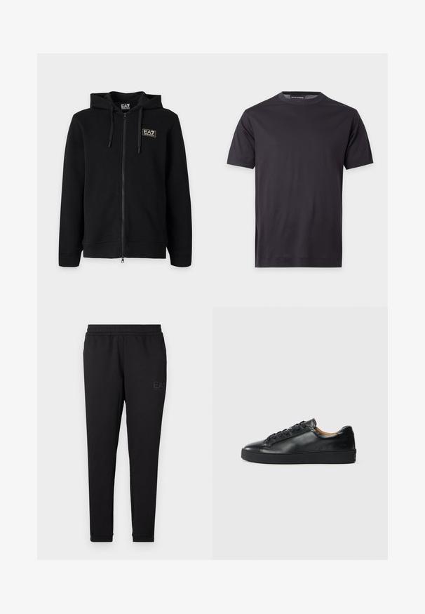 Must kapuutsiga lukuga dressipluus paeltega ja vasakul rinnal väikese ristkülikukujulise EA7 Emporio Armani logoga.; Lihtne must lühikeste varrukatega ümara kaelusega t-särk, millel on väike tooni tooniga logo vasakul rinnal ning bränditud kaelalint.; Mustad mustad, pehmest kangast, millel on elastne vöökoht, kitsad sealsed ja väike logo trükitud küljele.; Musthave nahkast kingad sujuva tekstuuriga, ümara toe jastringsidega sulgemisega. Omab paksu kummist tallat ja minimaalset brändi detaili.