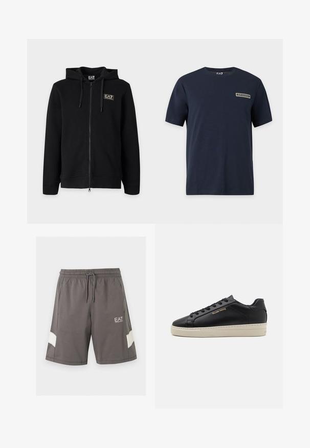Sweat à capuche noir zippé intégral avec cordons et petit logo rectangulaire EA7 Emporio Armani sur la poitrine gauche.; T-shirt bleu marine à manches courtes avec un petit patch rectangulaire du logo EA7 Emporio Armani sur la poitrine gauche et une étiquette EA7 à l’intérieur du col.; Shorts gris à taille élastique avec cordon, poches latérales, bandes blanches sur les jambes et logo blanc EA7 Emporio Armani sur la cuisse gauche.; Sneaker en cuir noir avec une finition lisse, semelle crème contrastante, bout arrondi, logo doré sur le côté et six œillets pour les lacets.