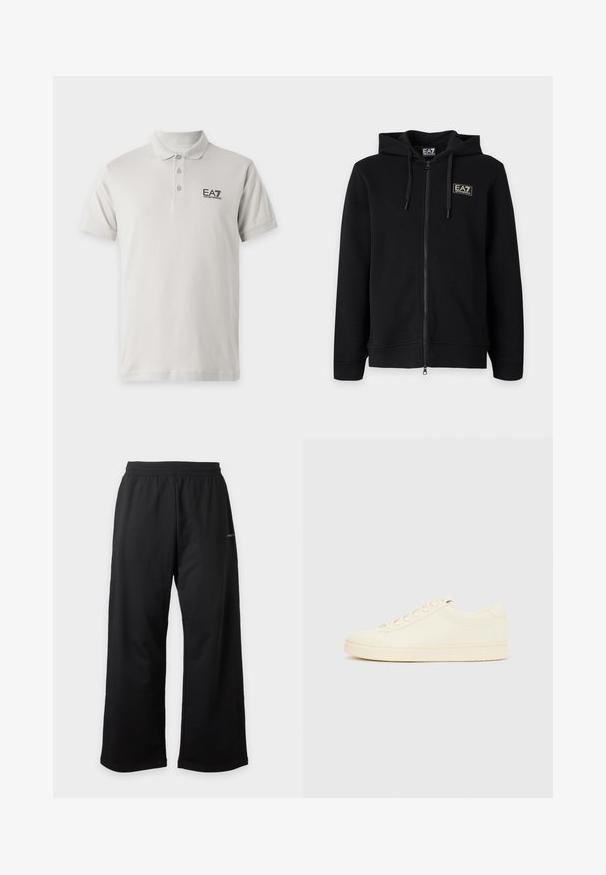 Sweat à capuche noir zippé intégral avec cordons et petit logo rectangulaire EA7 Emporio Armani sur la poitrine gauche.; Polo blanc à manches courtes avec trois boutons et logo EA7 Emporio Armani sur la poitrine gauche.; Pantalon noir à jambes larges avec ceinture élastique et sans poches visibles, présenté sur un fond clair uni.; Baskets couleur crème avec une tige en cuir lisse, bout arrondi, laçage à l'avant et semelle en caoutchouc texturée. Design minimaliste, sans logo.