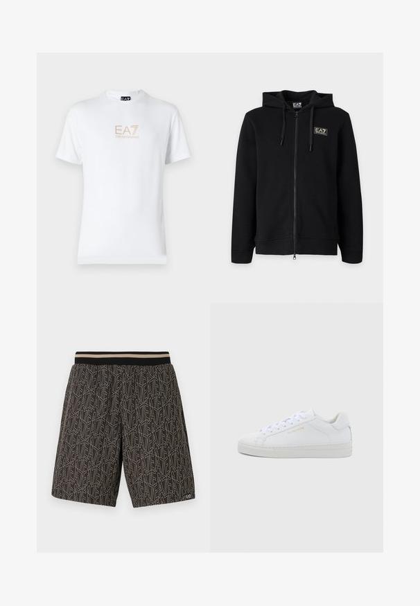 Sudadera negra con capucha y cremallera completa, con cordones y un pequeño logo rectangular EA7 Emporio Armani en el pecho izquierdo.; Camiseta blanca de algodón con escote redondo y mangas cortas, con un logo dorado de EA7 Emporio Armani impreso en el frente.; Pantalones cortos negros con un patrón texturizado de líneas diagonales y el texto "EAT" en beige. Cintura elástica con rayas en contraste.; Zapatillas bajas de cuero blanco con puntera redonda, cordones planos, suela texturizada y sutil marca dorada en el lateral. Superficie lisa y diseño minimalista.