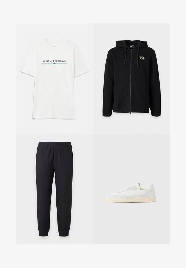 Schwarzer Kapuzenpullover mit durchgehendem Reißverschluss und Kordeln sowie einem kleinen rechteckigen EA7 Emporio Armani Logo auf der linken Brust.; Weißes Baumwoll-T-Shirt mit kurzen Ärmeln, das ein blaues und grünes "ARMANI EXCHANGE"-Logo zeigt, mit "1991" zentriert darunter.; Schwarze, verjüngte Sweatpants mit elastischem Bund und Bündchen, mit subtil strukturiertem Muster und seitlichen Taschen.; Weißer Sneaker mit strukturiertem Obermaterial aus Wildleder und Leder. Verfügt über eine runde Zehenpartie, Schnürverschluss und eine kontrastierende beige Gummisohle.