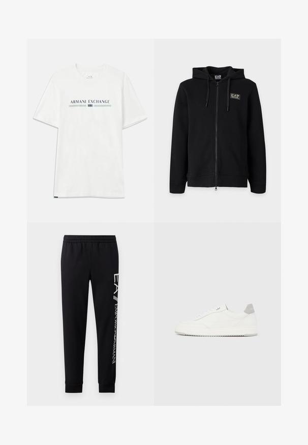 Čierna mikina s kapucňou a celým zipsom, s nastaviteľnými šnúrkami a malým obdĺžnikovým logom EA7 Emporio Armani na ľavej strane hrude.; Biele bavlnené tričko s krátkym rukávom, zdobené modrým a zeleným logom "ARMANI EXCHANGE" a s nápisom "1991" umiestneným centrálne pod ním.; Čierne tepláky vyrobené z bavlnenej zmesi, s elastickým pásom, zúženými nohavicami, ribovanými manžetami a bielym logom na boku.; Biela nízka teniska so sivým pätovým pásikom, bielymi šnúrkami a členitou podrážkou, zobrazená na jednoduchom svetlom pozadí.