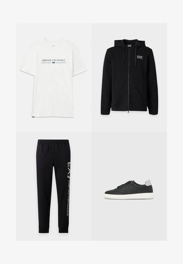 Schwarzer Kapuzenpullover mit durchgehendem Reißverschluss und Kordeln sowie einem kleinen rechteckigen EA7 Emporio Armani Logo auf der linken Brust.; Weißes Baumwoll-T-Shirt mit kurzen Ärmeln, das ein blaues und grünes "ARMANI EXCHANGE"-Logo zeigt, mit "1991" zentriert darunter.; Schwarze Sweatpants aus Baumwollmischung mit elastischem Taillenbund, schmal zulaufenden Beinen, gerippten Bündchen und weißem Logo-Druck entlang der Seite.; Schwarzer Low-Top-Sneaker mit weißer Sohle und grauem Fersenlaschen, Seitenansicht vor einem weißen Hintergrund.