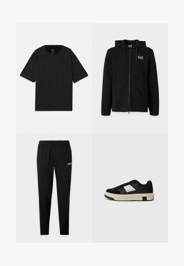Schwarzer Kapuzenpullover mit durchgehendem Reißverschluss und Kordeln sowie einem kleinen rechteckigen EA7 Emporio Armani Logo auf der linken Brust.; Schwarzes T-Shirt mit einem strukturierten Muster von abwechselnden "A"-Logos, kurzen Ärmeln und rundem Halsausschnitt. Hergestellt aus leichtem Stoff.; Schwarze Slim-Fit-Sweathosen mit elastischem Bund und kleinem Logodetail am oberen Oberschenkel vor einfarbigem Hintergrund.; Schwarze Sneakers mit einem Obermaterial aus glattem Leder, beigen Akzenten, runder Zehenpartie, flacher Sohle und schwarzem Gummilaufsohle. Mit minimalem Logo-Detail.