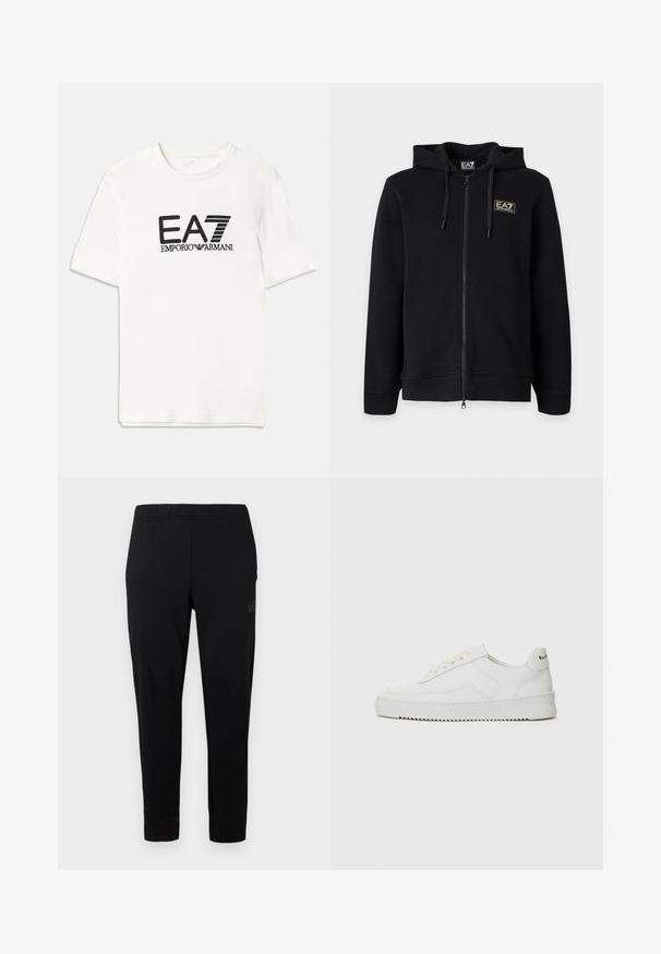 Čierna mikina s kapucňou a celým zipsom, s nastaviteľnými šnúrkami a malým obdĺžnikovým logom EA7 Emporio Armani na ľavej strane hrude.; Biele bavlnené tričko s čiernym logom EA7 a textom "EMPORIO ARMANI". Krátke rukávy, oválny výstrih, bežný strih, hladká textúra.; Čierne športové nohavice s elastickým pásom, úzkym strihom a bez viditeľných kovových častí. Na boku je jemne potlačené logo.; Biele kožené tenisky s hladkým povrchom, okrúly špičkový dizajn, ploché šnúrky a textúrovaná podrážka. Obsahujú jemné logo na päte.