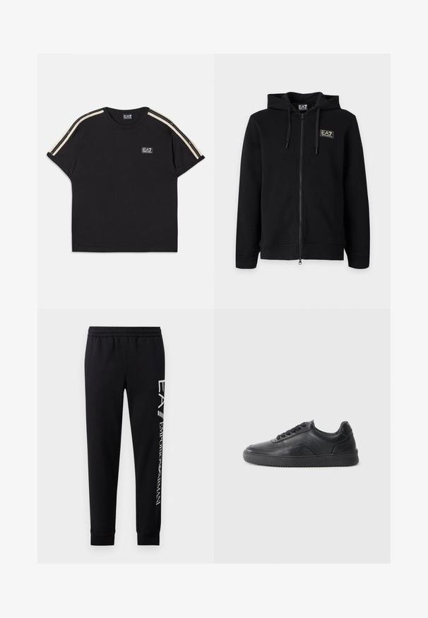 Zwarte hoodie met volledige ritssluiting en trekkoorden, met een klein rechthoekig EA7 Emporio Armani-logo op de linkerborst.; Zwarte katoenen t-shirt met korte mouwen. Beschikt over contrasterende tan strepen op de schouders en een klein merklogo op de borst.; Zwarte sweatpants van een katoenmix, met een elastische tailleband, taps toelopende benen, ribgebreide boorden en een wit logo-opdruk langs de zijkant.; Zwarte leren sneaker met een gladde afwerking, ronde neus, textuurpaneel aan de zijkant en zwarte veters. Voorzien van een platte rubberen zool en een minimalistisch ontwerp.