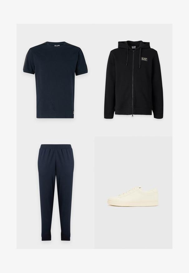 Must kapuutsiga lukuga dressipluus paeltega ja vasakul rinnal väikese ristkülikukujulise EA7 Emporio Armani logoga.; Tumed sinine t-särk, mis on valmistatud puuvillast, lühikeste varrukatega, ümmarguse kaelusega ja tekstuursetega õlavarre äärtega. Logo asub vasakul alumisel serval.; Tumesinised dressipüksid, valmistatud pehmest puuvillasegust kangast, millel on elastne vöökoht ja kitsenevad mansetid pahkluudel.; Kreemitonides spordijalats sileda nahkpealsega, ümarate varvastega, ees paelusega ja tekstuuriga kummist talla. Minimalistlik disain, ilma logodeta.