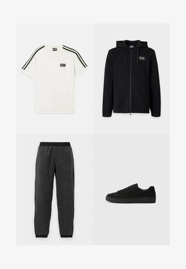 Čierna mikina s kapucňou a celým zipsom, s nastaviteľnými šnúrkami a malým obdĺžnikovým logom EA7 Emporio Armani na ľavej strane hrude.; Biela bavlnená tričko s okrúhlym výstrihom, krátkymi rukávmi, čiernymi akcentovými pruhmi na pleciach a malým logom EA7 na hrudi.; Sivé teplákové nohavice s textúrovanou tkaninou, s celoplošným vzorom loga, elastickým pásom a elastickými manžetami na členkoch.; Čierne semišové tenisky s plochou, textúrovanou podrážkou, zaoblenou špičkou, šiestimi očkami na šnúrky a minimalistickým dizajnom.