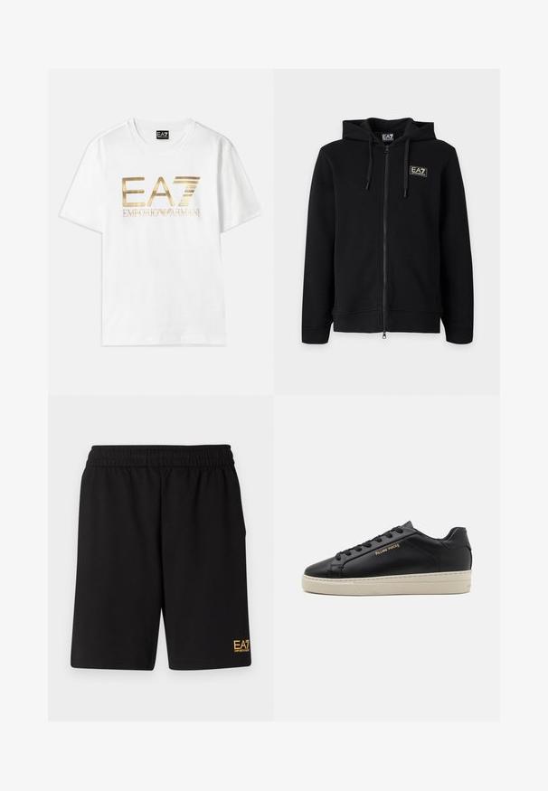 Čierna mikina s kapucňou a celým zipsom, s nastaviteľnými šnúrkami a malým obdĺžnikovým logom EA7 Emporio Armani na ľavej strane hrude.; Biela bavlnená tričko s veľkým zlatým metalickým logom "EA7" a textom "EMPORIO ARMANI" pod ním, s krátkymi rukávmi a okrúhlym výstrihom.; Čierne športové šortky vyrobené z jemného materiálu, s elastickým pásom a malým žltým logom EA7 na dolnej ľavej nohe.; Čierne kožené tenisky s hladkým povrchom, kontrastnou krémovou podrážkou, zaoblenou špičkou, zlatým logom na boku a šiestimi dierkami na šnúrky.