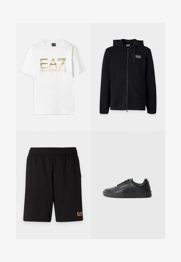 Čierna mikina s kapucňou a celým zipsom, s nastaviteľnými šnúrkami a malým obdĺžnikovým logom EA7 Emporio Armani na ľavej strane hrude.; Biela bavlnená tričko s veľkým zlatým metalickým logom "EA7" a textom "EMPORIO ARMANI" pod ním, s krátkymi rukávmi a okrúhlym výstrihom.; Čierne športové šortky vyrobené z jemného materiálu, s elastickým pásom a malým žltým logom EA7 na dolnej ľavej nohe.; Čierne kožené tenisky s hladkým povrchom, zaoblenou špičkou, texturovanou bočnou časťou a čiernymi šnúrkami. Majú plochú gumovú podrážku a minimalistický dizajn.