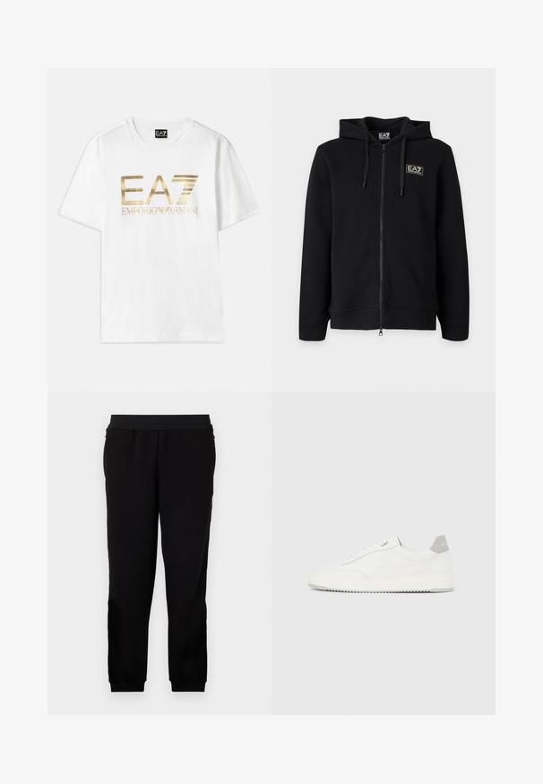 Schwarzer Kapuzenpullover mit durchgehendem Reißverschluss und Kordeln sowie einem kleinen rechteckigen EA7 Emporio Armani Logo auf der linken Brust.; Weißes Baumwoll-T-Shirt mit einem großen goldenen metallischen "EA7"-Logo und dem Text "EMPORIO ARMANI" darunter, mit kurzen Ärmeln und rundem Halsausschnitt.; Schwarze Sweatpants aus einem weichen Material, mit elastischem Bund, eng anliegenden Bündchen und Seitentaschen für zusätzlichen Komfort.; Weißer Sneaker mit niedrigem Schaft, grauem Fersenlaschen, weißen Schnürsenkeln und einer strukturierten Sohle, dargestellt vor einem schlichten hellen Hintergrund.