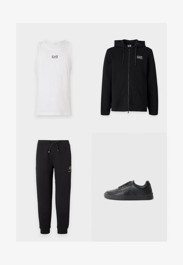 Sweat à capuche noir zippé intégral avec cordons et petit logo rectangulaire EA7 Emporio Armani sur la poitrine gauche.; Débardeur blanc sans manches en coton, avec un logo noir EA7 sur la poitrine et un col rond. Texture lisse, design décontracté.; Pantalon de jogging noir avec taille élastique et cordon, chevilles retournées et petit logo doré "A|X Armani Exchange" sur la cuisse droite.; Chaussure de sport en cuir noir avec une finition lisse, bout arrondi, panneau latéral texturé et lacets noirs. Présente une semelle en caoutchouc plate et un design minimaliste.