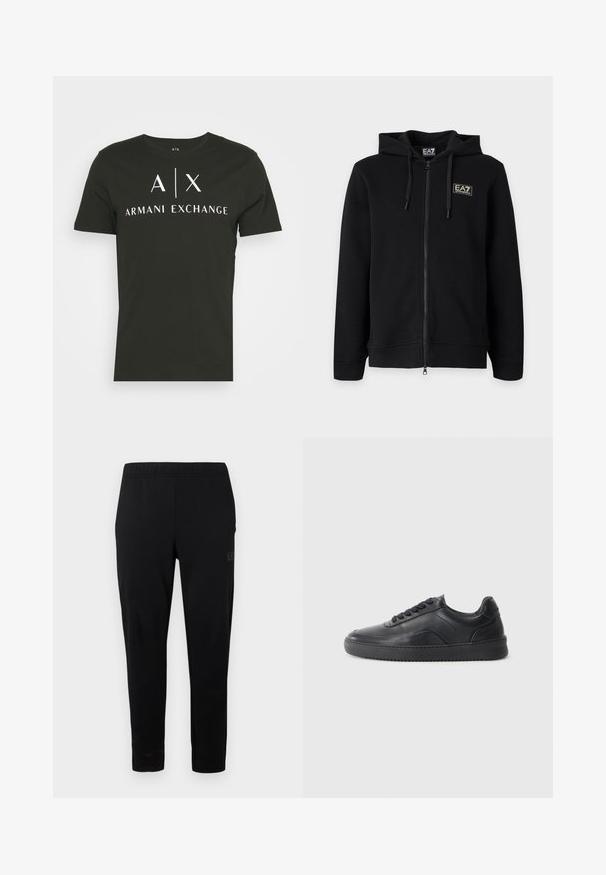 Schwarzer Kapuzenpullover mit durchgehendem Reißverschluss und Kordeln sowie einem kleinen rechteckigen EA7 Emporio Armani Logo auf der linken Brust.; Schwarzes Rundhals-T-Shirt aus Baumwolle mit dem weißen Logo "A|X ARMANI EXCHANGE". Kurze Ärmel und eine lässige Passform.; Schwarze Sporthose mit elastischem Bund, schmaler Passform und ohne sichtbare Schnallen. Ausgestattet mit einem dezenten Logo, das seitlich aufgedruckt ist.; Schwarze Leder-Sneaker mit glatter Oberfläche, abgerundeter Zehenpartie, strukturiertem Seitenpaneel und schwarzen Schnürsenkeln. Verfügt über eine flache Gummisohle und ein minimalistisches Design.