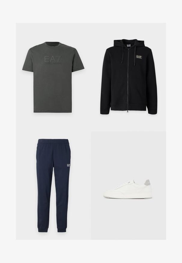 Čierna mikina s kapucňou a celým zipsom, s nastaviteľnými šnúrkami a malým obdĺžnikovým logom EA7 Emporio Armani na ľavej strane hrude.; Šedé tričko s krátkym rukávom vyrobené z bavlny s okrúhlym výstrihom. Na prednej strane je vyvýšené logo EA7 Emporio Armani.; Námornícke modré tepláky s elastickým pásom a manžetami. Na ľavej nohe je malé biele logo. Vyrobené z mäkkého, elastického materiálu.; Biela nízka teniska so sivým pätovým pásikom, bielymi šnúrkami a členitou podrážkou, zobrazená na jednoduchom svetlom pozadí.