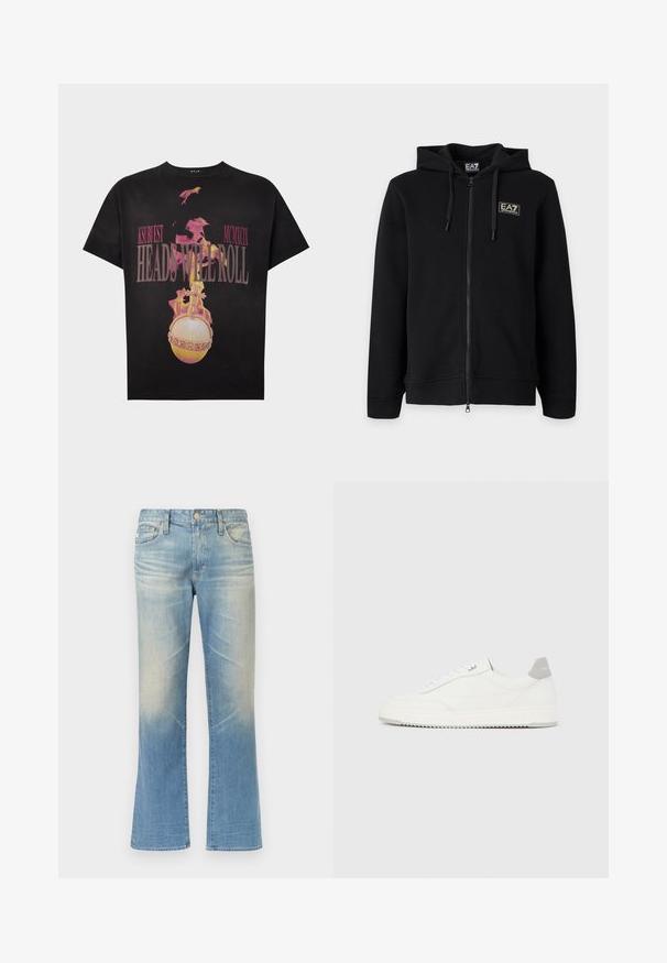 Crna duks jakna s kapuljačom na patentni zatvarač s vrpcama i malim pravokutnim logom EA7 Emporio Armani na lijevoj strani prsa.; Crna majica s grafikom plamteće orb i križa te ružičastim tekstom "KSUBI EST MCMXCIX HEADS WILL ROLL" sprijeda.; Svijetloplave traperice trapezastog kroja s izblijedjelim efektom, dizajnom s pet džepova, metalnim gumbom za zatvaranje i ravnim rubovima.; Bijela niska tenisica sa sivim jezičcem na peti, bijelim vezicama i teksturiranim potplatom, prikazana na jednostavnoj svijetloj pozadini.
