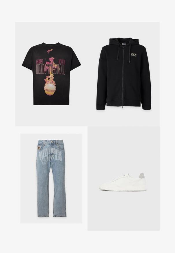 Sweat à capuche noir zippé intégral avec cordons et petit logo rectangulaire EA7 Emporio Armani sur la poitrine gauche.; T-shirt noir avec un graphisme d'orbe enflammée et croix, et texte rose "KSUBI EST MCMXCIX HEADS WILL ROLL" sur le devant.; Jean en denim bleu clair avec poches avant et texte "Billionaire Boys Club" ainsi que logo d’astronaute imprimés sur la partie haute avant.; Baskets basses blanches avec un onglet de talon gris, des lacets blancs et une semelle texturée, présentées sur un fond uni clair.