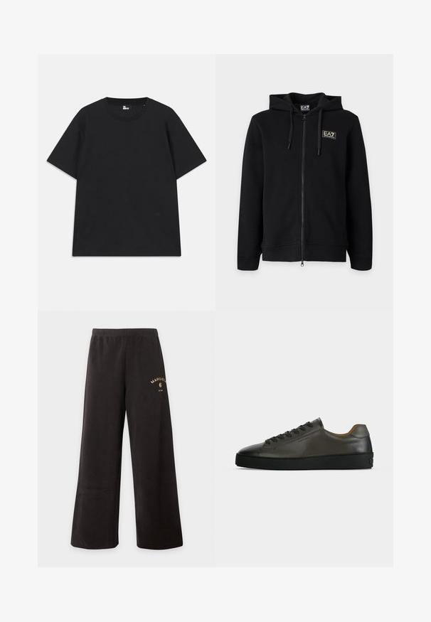 Sudadera negra con capucha y cremallera completa, con cordones y un pequeño logo rectangular EA7 Emporio Armani en el pecho izquierdo.; Camiseta de algodón de manga corta en color negro, con cuello redondo y un pequeño logo cerca del dobladillo. Textura suave, corte regular.; Pantalones negros de pierna ancha con cintura elástica y pequeño logo dorado "Margiela 6" en la parte superior del muslo izquierdo.; Zapatilla baja de piel gris oscuro con cordones y suela negros, diseño minimalista, perfil lateral sobre un fondo claro y liso.
