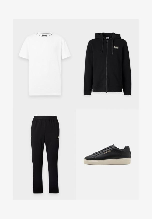 Sweat à capuche noir zippé intégral avec cordons et petit logo rectangulaire EA7 Emporio Armani sur la poitrine gauche.; T-shirt blanc uni à manches courtes et col rond, avec une petite étiquette noire Michael Kors à l'intérieur du col.; Pantalon de sport noir en matériau lisse et extensible. Dispose d'une ceinture élastique et de poches latérales. Design simple à jambes droites.; Sneaker en cuir noir avec une finition lisse, semelle crème contrastante, bout arrondi, logo doré sur le côté et six œillets pour les lacets.
