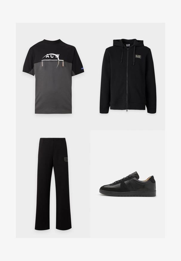 Sweat à capuche noir zippé intégral avec cordons et petit logo rectangulaire EA7 Emporio Armani sur la poitrine gauche.; T-shirt noir et gris à manches courtes avec un logo graphique blanc sur la poitrine et une petite étiquette bleue sur la manche droite.; Pantalon noir à jambes droites avec ceinture élastique et petit patch logo rectangulaire sur la cuisse droite.; Tiger of Sweden BELLICU - Baskets basses - black