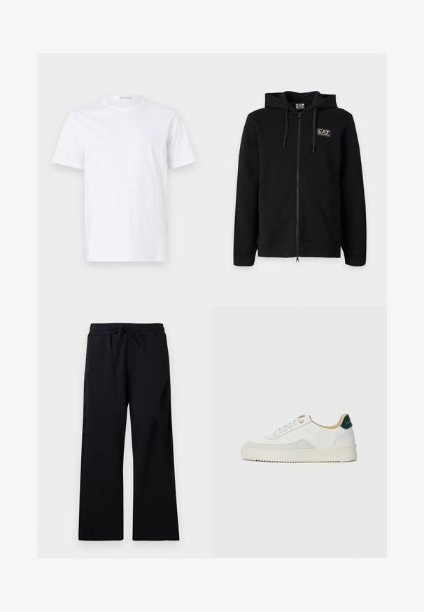 Zwarte hoodie met volledige ritssluiting en trekkoorden, met een klein rechthoekig EA7 Emporio Armani-logo op de linkerborst.; Witte katoenen t-shirt met een ronde hals en korte mouwen. Gladde textuur, rechte snit en minimalistisch ontwerp zonder patronen of accenten.; Les Benjamins Trainingsbroek - black; Witte sneaker met suède accenten, ronde neus, platte veters en een crème rubberen zool. Bevat groene branding op de hiel.