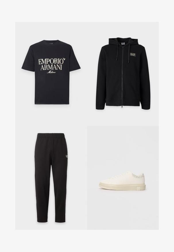 Sweat à capuche noir zippé intégral avec cordons et petit logo rectangulaire EA7 Emporio Armani sur la poitrine gauche.; T-shirt en coton noir avec un grand motif contrastant crème "EMPORIO ARMANI Milano" sur le devant et un petit logo sur la poitrine.; Pantalon de survêtement noir à taille élastique, jambes fuselées, avec un petit logo blanc sur la partie supérieure de la cuisse gauche.; Sneaker blanc avec une tige en toile lisse, des lacets plats, un col rembourré et un accent gris texturé à l'arrière. Semelle en caoutchouc épaisse.
