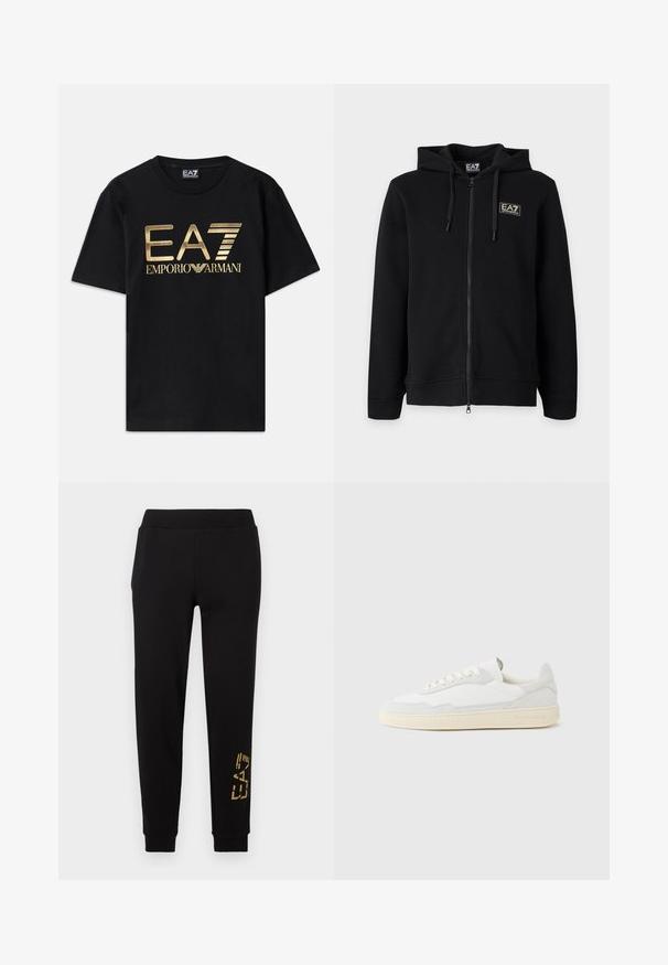 Čierna mikina s kapucňou a celým zipsom, s nastaviteľnými šnúrkami a malým obdĺžnikovým logom EA7 Emporio Armani na ľavej strane hrude.; Čierne bavlnené tričko s krátkymi rukávmi, s potlačou zlatého loga "EA7 EMPORIO ARMANI" na prednej strane. Jednoduchý dizajn, okrúhly výstrih.; Čierne teplákové nohavice s voľným strihom, zdobené zlatým grafickým motívom na dolnej časti nohavice a elastickým pásom pre pohodlie.; Biela teniska s jemne štruktúrovaným zvrškom zo semišu a kože. Má zaoblenú špičku, viazanie na šnúrky a kontrastnú béžovú gumovú podrážku.