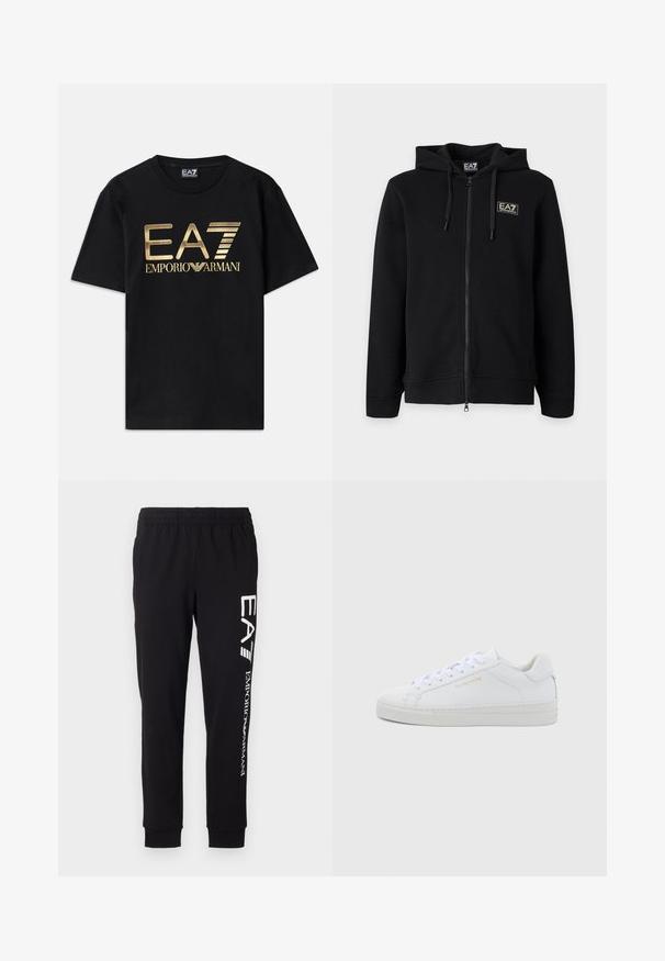 Schwarzer Kapuzenpullover mit durchgehendem Reißverschluss und Kordeln sowie einem kleinen rechteckigen EA7 Emporio Armani Logo auf der linken Brust.; Schwarzes Baumwoll-T-Shirt mit kurzen Ärmeln, auf dessen Vorderseite ein in Gold gedrucktes "EA7 EMPORIO ARMANI" Logo prangt. Schlichtes Design, Rundhalsausschnitt.; Schwarze Jogginghose aus dehnbarem Stoff. Verfügt über einen elastischen Bund, schmale Bündchen und weiße Markenkennzeichnung am linken Bein.; Weiße Leder-Sneaker mit niedrigem Schnitt, runder Zehenpartie, flachen Schnürsenkeln, strukturierter Sohle und dezentem goldfarbenem Markenlogo an der Seite. Glatte Oberfläche und minimalistisches Design.