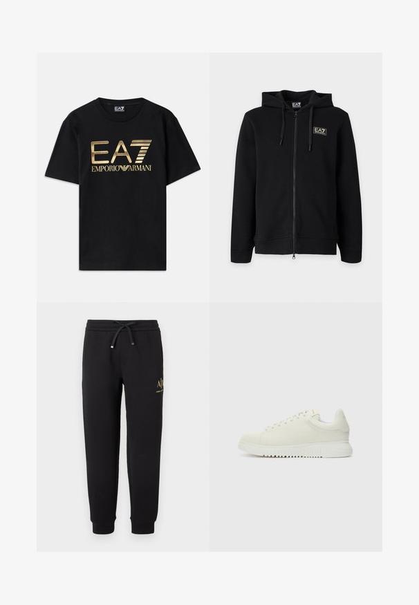 Schwarzer Kapuzenpullover mit durchgehendem Reißverschluss und Kordeln sowie einem kleinen rechteckigen EA7 Emporio Armani Logo auf der linken Brust.; Schwarzes Baumwoll-T-Shirt mit kurzen Ärmeln, auf dessen Vorderseite ein in Gold gedrucktes "EA7 EMPORIO ARMANI" Logo prangt. Schlichtes Design, Rundhalsausschnitt.; Schwarze Jogginghose mit elastischem Bund und Kordelzug, umgeschlagene Knöchel und kleines goldenes "A|X Armani Exchange"-Logo am rechten Oberschenkel.; Weiße Leder-Sneaker mit texturiertem Obermaterial, runder Zehenpartie, flacher weißer Sohle und tonalen Schnürsenkeln. Dezentes Branding auf der Zunge.